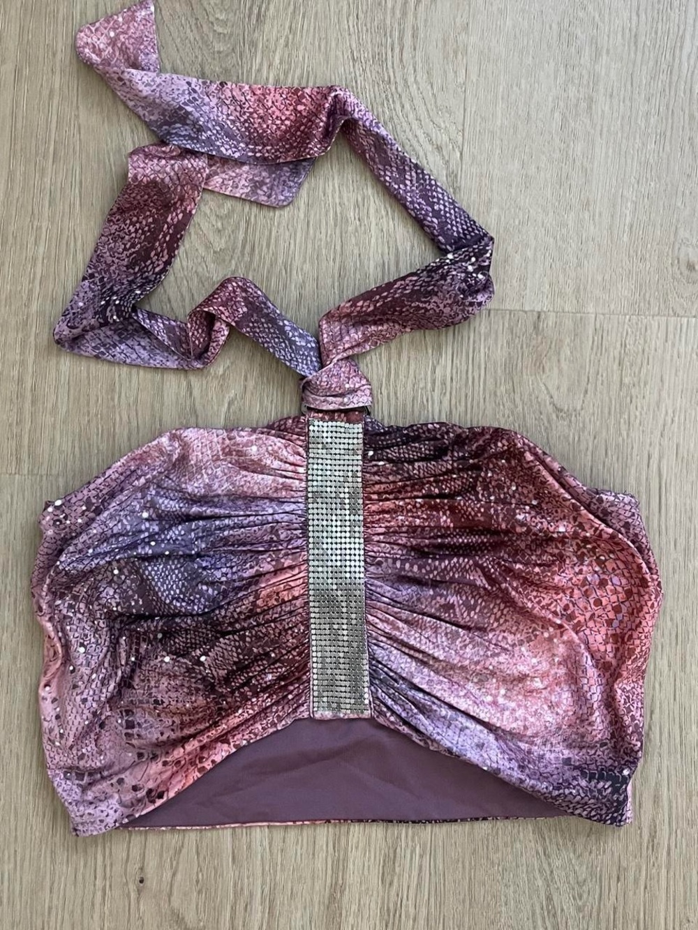 Pink Snake-Print Halter Crop Top with Rhinestone Trim